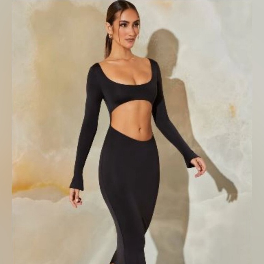 New! Oh Polly Kismet Long Sleeve Cut Out Maxi Dress Black Slinky Stretchy Sz 10